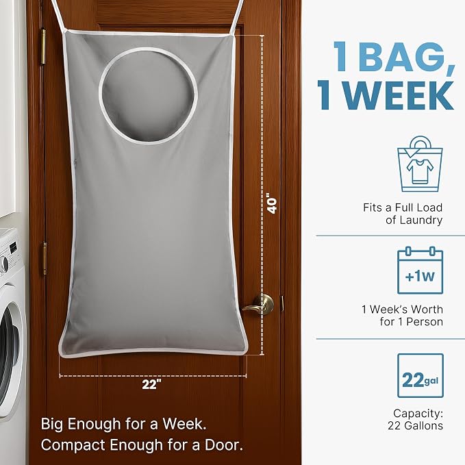 Hanging Laundry Hamper Bag XL 40x22", Space Saving over the Door Storage Bags, Behind the Door Hampers for Dirty Clothes & Wall Mounted Basket for Bathroom
