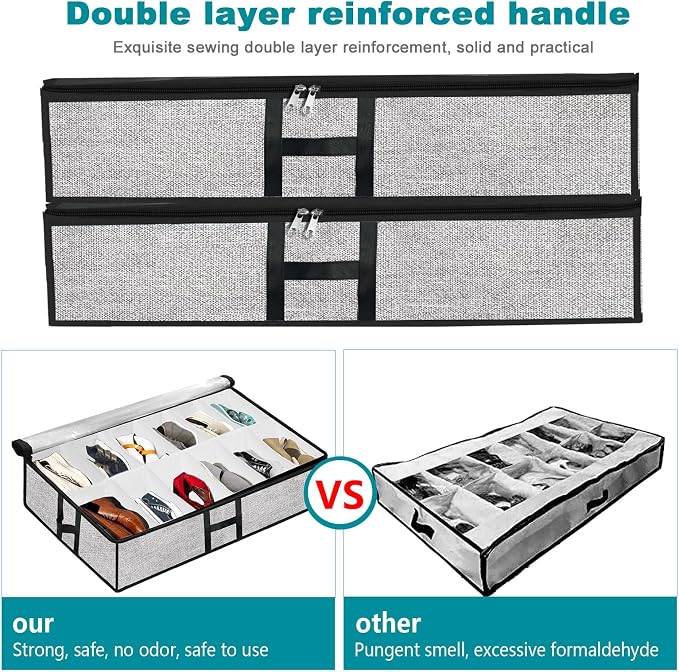 Under Bed Shoe Storage Organizer for Closet 2 Pack- Fits 24 Pairs Underbed Shoes Container Boxes, Light Grey