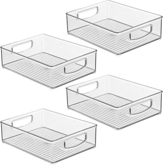 iDesign Plastic Stackable Pantry Bin, Set of 4, Clear | Organizer Bin with Handles, For Cabinets or Fridge