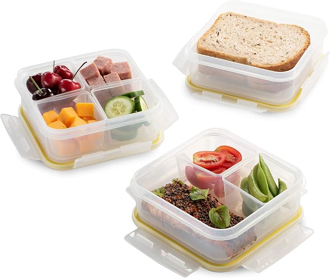 Komax Biokips Snack Containers – Bento Box Meal Prep Container Set w/4 Compartments – Portion Control Lunch Containers – BPA-Free Airtight Food Storage Containers (3 Pcs)