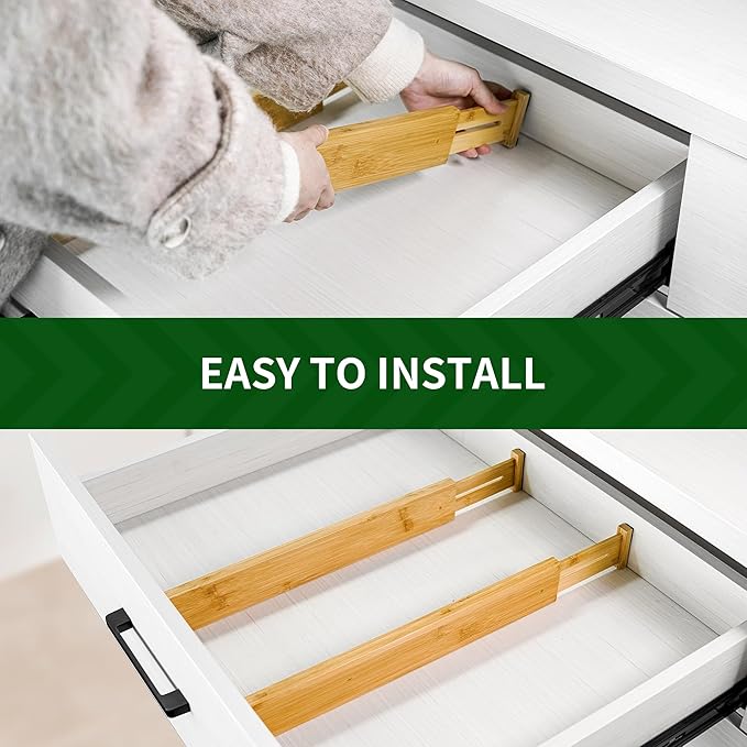 VaeFae 6-Pack Bamboo Drawer Dividers – Adjustable 14"-19.1" (Fits 15"-18" Drawers ONLY), Spring-Loaded Expandable Organizer for Kitchen, Bedroom, Office & Bathroom, MUST MEASURE Before Purchase | 6 Pack