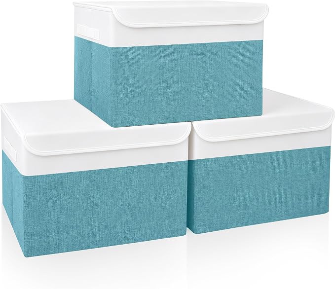 Large 17" 42 Quarts Collapsible Stackable Storage Bins with Lids [3-Pack] Foldable Fabric Linen Storage Boxes Cube, Closet Organizer Baskets with Label for Home (16.7 x 12 x 12", Teal & White)