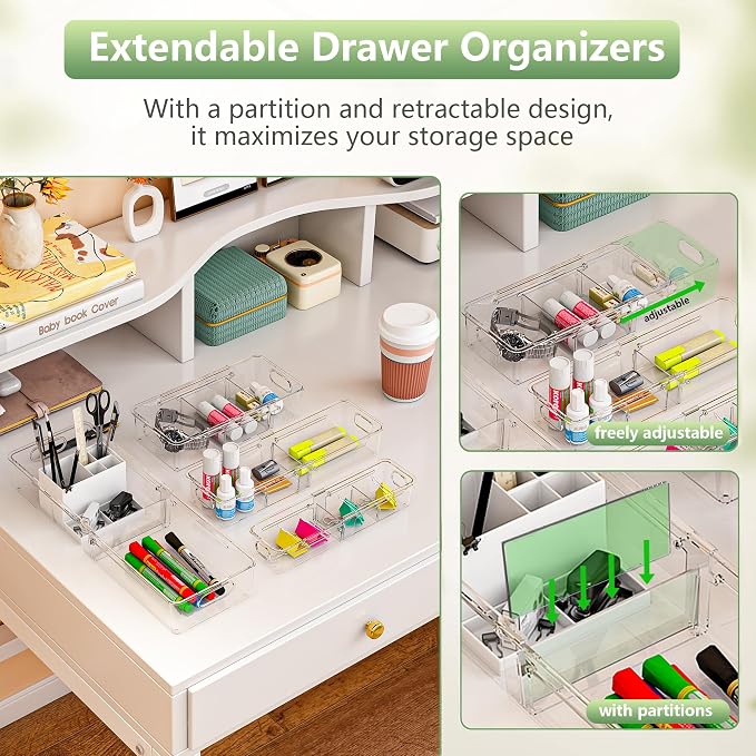 BLULEE 4-in-1 Expandable Drawer Organizer Set, Adjustable Clear Bins | with Dividers for Kitchen, Bathroom, Vanity & Office, Scalable Trays for Cosmetics, Utensils & Desk Accessories (4 Pcs)
