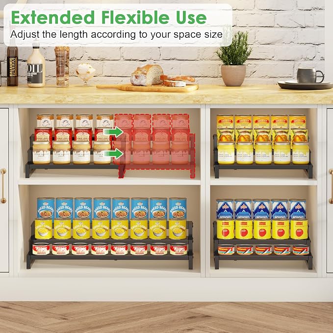 Dmevkic 3-Tier Expandable Can Organizer for Pantry,Adjustable 15''-25'' Metal Can Organizer Holds Up to 24 Cans,Can Holder for Pantry Kitchen Cabinet Countertop,Black