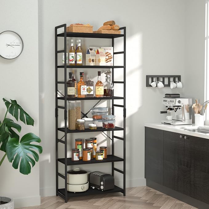 NUMENN 6 Tier Bookshelf, Tall Bookcase Shelf Storage Organizer, Modern Book Shelf for Bedroom, Living Room and Home Office, Black