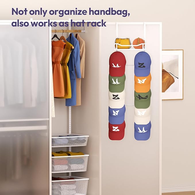 SWTYMIKI Over The Door Purse Organizer - Wall Mounted Purse Rack with 10 Hooks and Metal Basket, Handbag Hanger Organizer Holds up to 10 Bags, Bag Rack Can Use As 1/2 Part, for Door, Closet