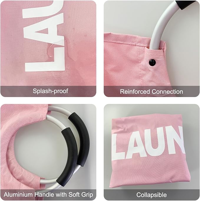 Mziart Large Laundry Basket with Padded Handles, 90L Pink, Oxford Fabric Laundry Hamper Tall Laundry Bag Clothes Hamper Storage Organizer for Bedroom Bathroom College Dorm, Collapsible and Waterproof