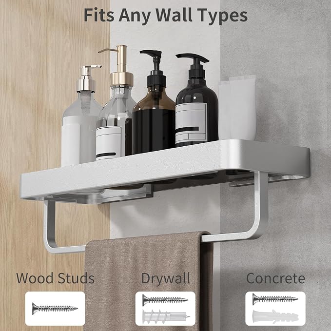 Danpoo 16 Inch Long Floating Bathroom Shelf with Towel Bar, Clear Tempered Glass Wall Shelf with Hand Towel Holder for Bathroom Storage Organizer, Matte Silver