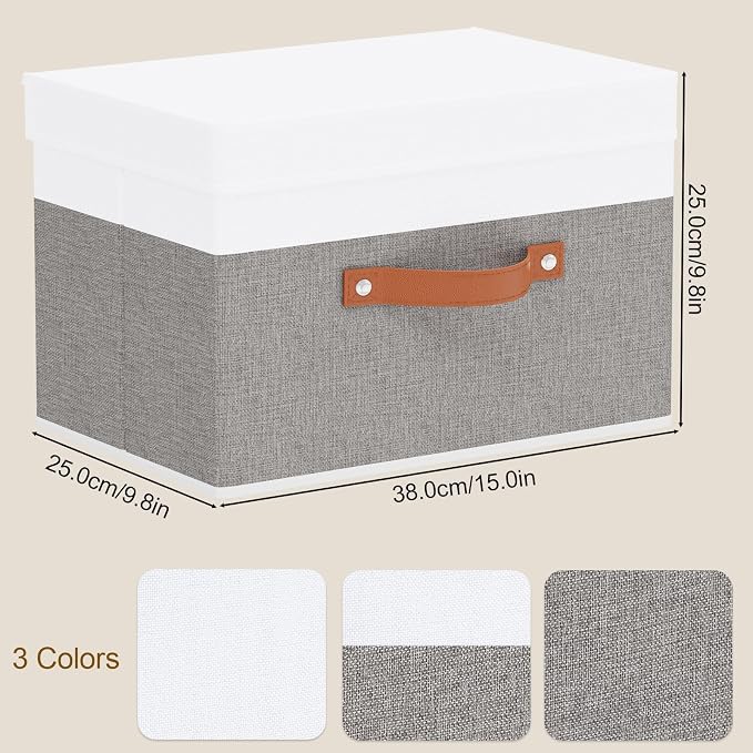 Storage Bins with Lids,White/Grey Baskets,3Pack,15x9.8x9.8In | Storage Baskets with Handles,Fabric Clothing Boxes, Collapsible Organizer,Closet Container Cubes for Shelves Wardrobe