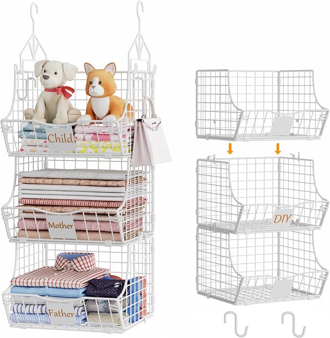 Hanging Closet Organizers and Storage, 2 Tier Closet Shelf Clothes Organizer with 2 S-Hooks, Multi-Functional Iron Wire Baskets, for Clothing, Sweaters, Handbags, Hat, Canned