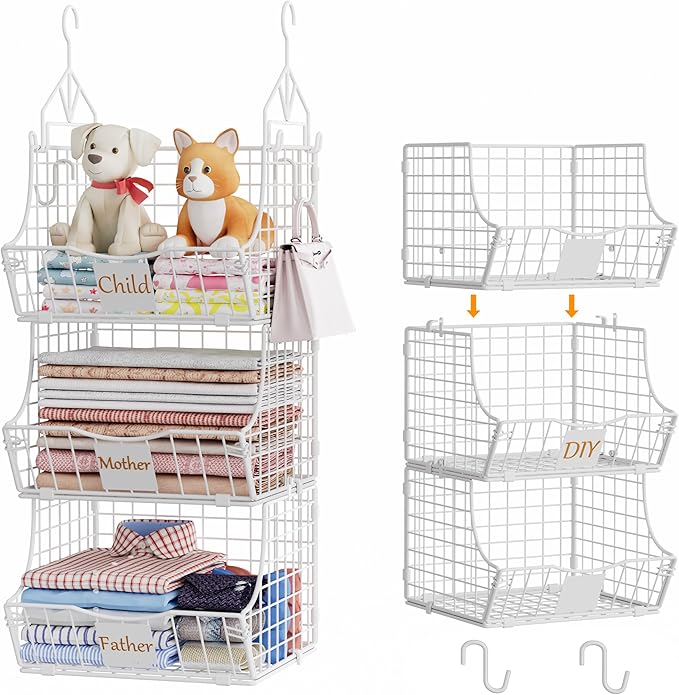 Hanging Closet Organizers and Storage, 6 Tier Closet Shelf Clothes Organizer with 2 S-Hooks, Multi-Functional Iron Wire Baskets, for Clothing, Sweaters, Handbags, Hat, Canned