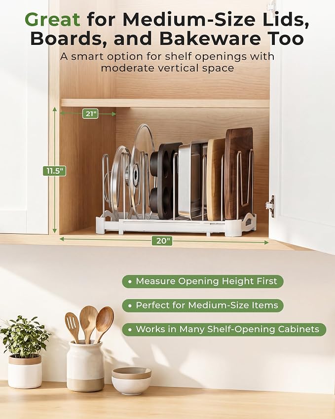 EVERIE Adjustable Bakeware Organizer Pot Lid Holder Rack for Pots, Cake Molds, Cutting Boards, Mats, Cookware, GS02SS, 7.7'' Deep by 12.6'' to 21.5'' Wide