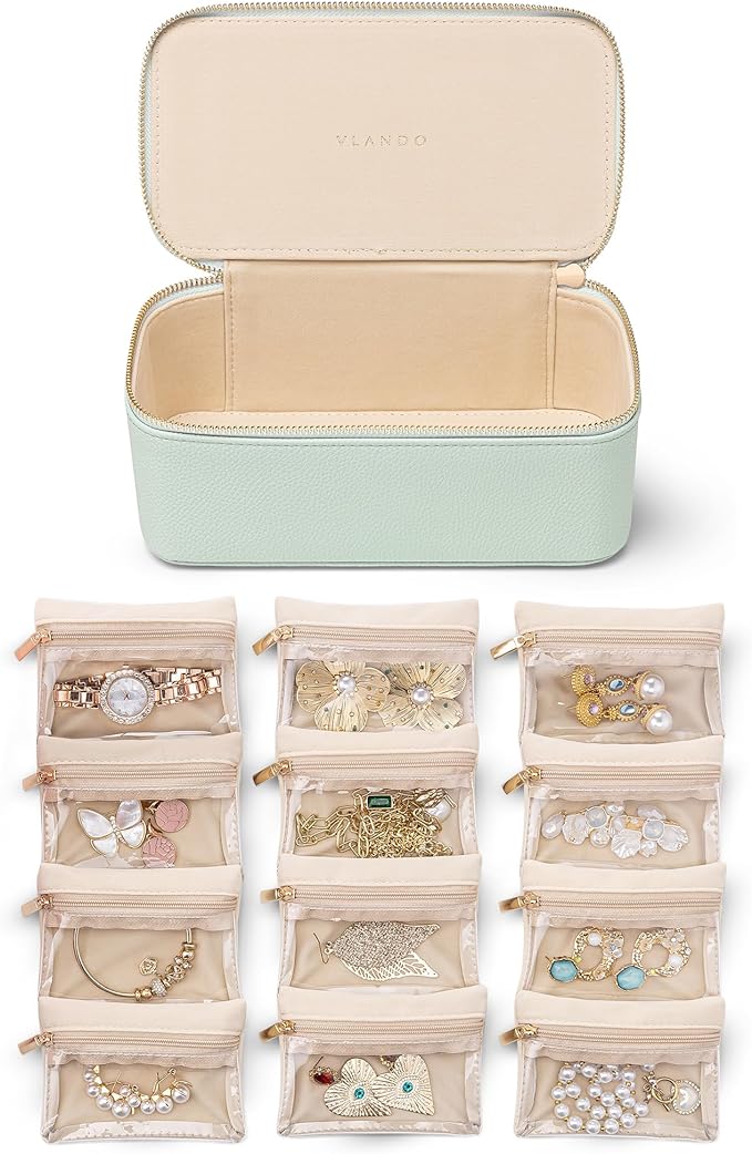 VLANDO Jewelry Travel Case,Travel Jewelry Organizer with Clear Velvet Jewelry Bags 12Pcs Zipper Pouch for Women-Mint Green