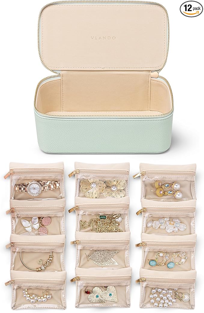 VLANDO Jewelry Organizer with 12 Velvet Jewelry Bags Travel Jewelry Case for Girls Premium Petal Hardware Jewelry Box Necklace Rings Earrings Bags Birthday Holidays Gifts for Self-Mint Green
