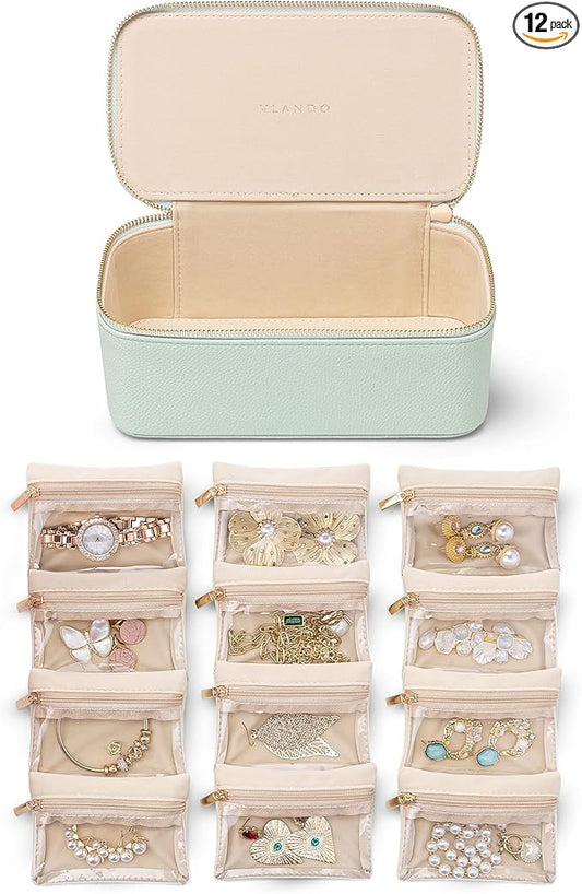 VLANDO Jewelry Organizer with 12 Velvet Jewelry Bags Travel Jewelry Case for Girls Premium Petal Hardware Jewelry Box Necklace Rings Earrings Bags Birthday Holidays Gifts for Self-Mint Green