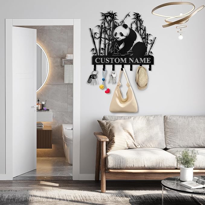 Dyoart Bamboo Panda Animal Wall Key Holder | Metal Key Organizer with Hooks | Coat Rack & Wall Decor for Front Door & Hallway