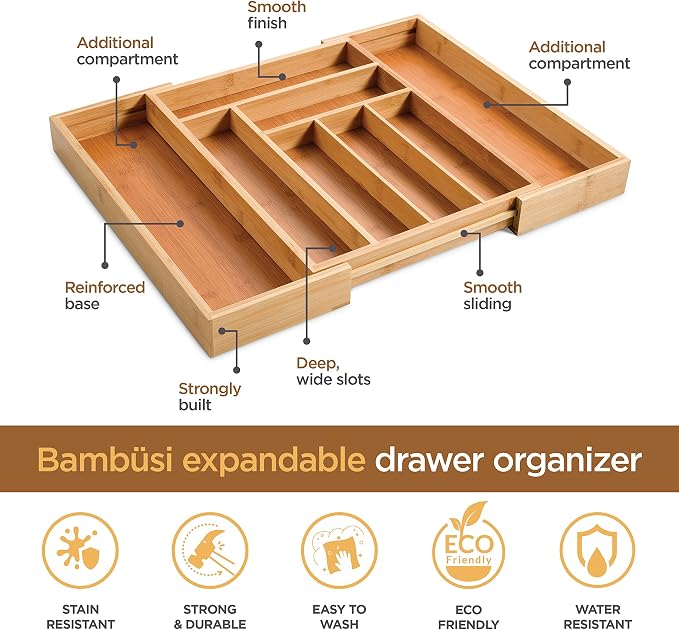 Bamboo Drawer Organizer - 8 Compartment Expandable Silverware Organizer and Utensil Holder, 17 Inch Long, 13 to 22 Inch Wide, 2 Inch Deep Kitchen Cutlery Tray Insert for Flatware Knives Large Utensils