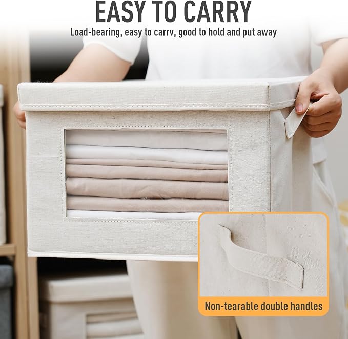 2-Pack Large Storage Bins with Lids & Clear Window, Foldable Fabric Closet Organizer Boxes, Stackable Cube Baskets with Soft Handles for Clothes & Blankets, 17”, Beige