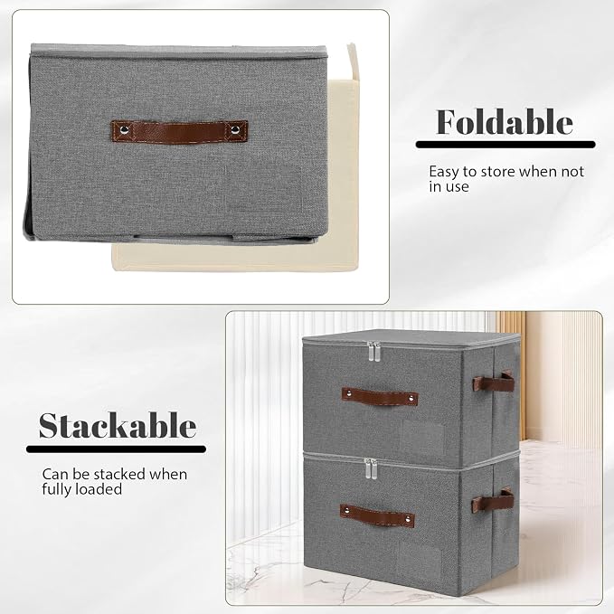 ANMINY Storage Bins with Zipper Lid Storage Boxes with Label Holder PU Leather Handles Washable Foldable Decorative Lidded Cotton Linen Fabric Cubes Baskets Closet Organizer - Gray, Small