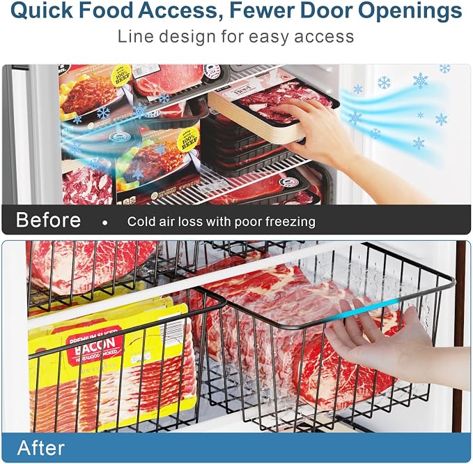 iSPECLE Freezer Organizer Bins - 6 Pack Stand Up Freezer Organizers for 16 Cu.Ft Upright Freezer, Storage Baskets for Meat & Veggies, Prevents Items Falling, Slide-Out Access, 3 Large 3 Medium, Black
