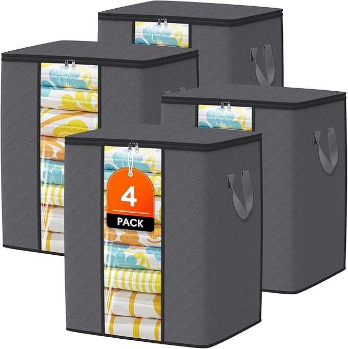 SpaceTrove Clothes Storage Bags, 4-Pack Comforter Blanket Organizers, 80L Large Capacity Containers with Visual Window for Clothing, Quilt, Sheet, Pillow, Closet Organization for Bedding (Grey)
