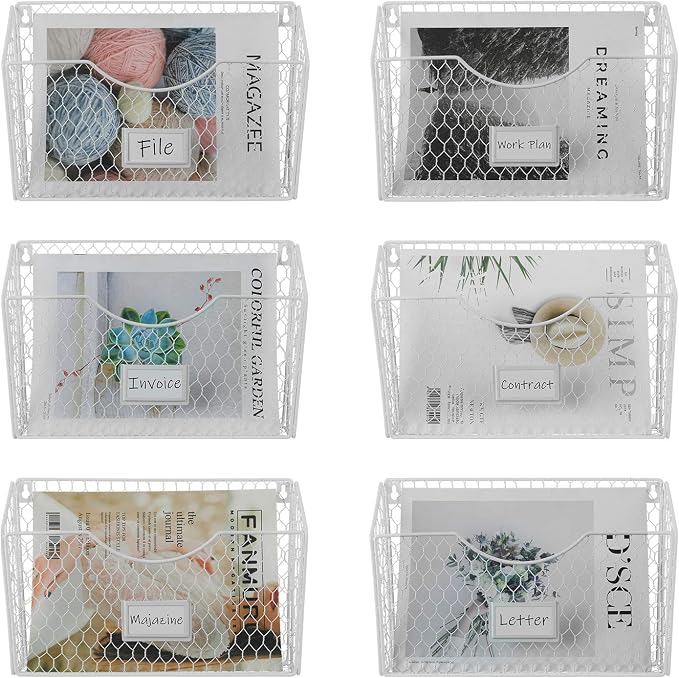 PAG 6 Pockets Hanging File Holder Wall Mount Mail Organizer Metal Chicken Wire Magazine Rack with Tag Slot, White