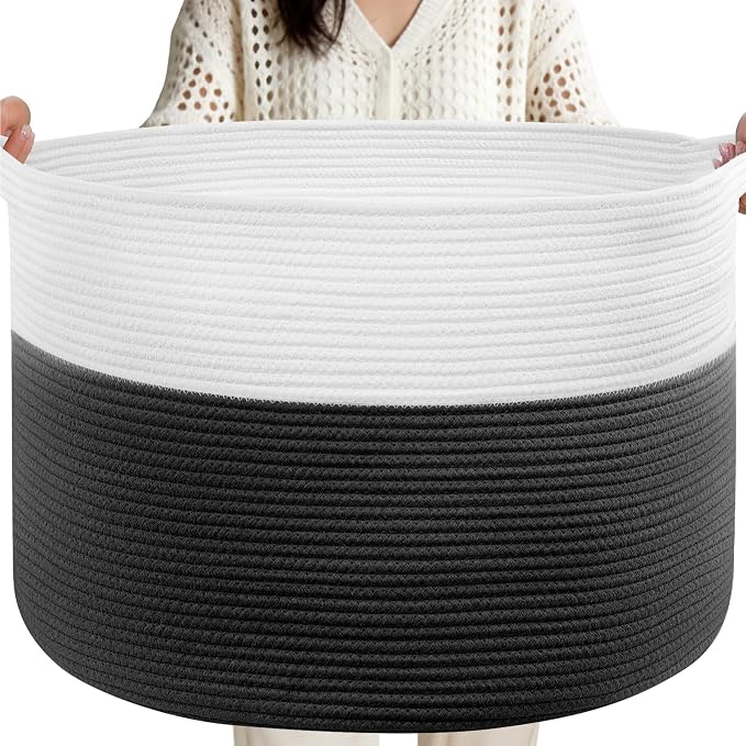 XXXL Large Laundry Basket, 105L Soft Cotton Rope Basket, Blanket Storage and Organizers, Baby Nursery Laundry Hamper, Extra Large Toys Storage Bins for Kids 23.6'' x 14.6'', White & Black