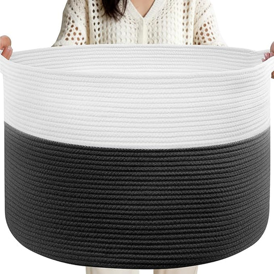 XXL Large Laundry Basket, 90L Soft Cotton Rope Basket, Blanket Storage and Organizers, Baby Nursery Laundry Hamper, Extra Large Toys Storage Bins for Kids 23'' x 13'', White & Black