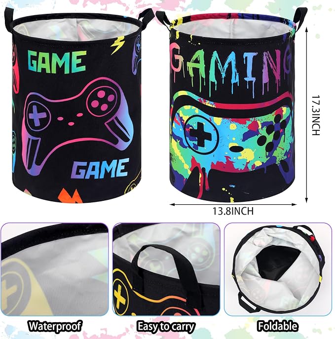 Zhehao 2 Pcs Gamer Laundry Basket Boys Kids Laundry Hamper Gamer Room Decor Gaming Storage Basket Hamper Clothes Organizer Nursery Toy Storage Bin for Gifts Bedroom Bathroom Decoration(Fresh)