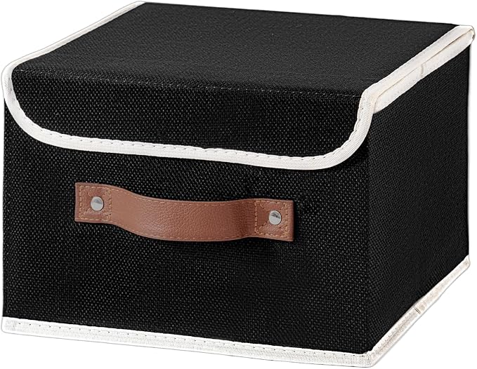 Collapsible Storage Boxes Baskets with Lid Cotton Linen Fabric Storage Bins with Faux Leather Handles Decorative Washable Cube Organizer Container for Home Closet Bedroom (Black, Small Size)