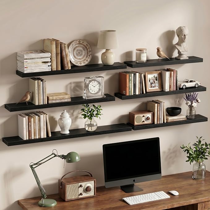 Vivelove 12 Inch Floating Shelves Wall Mounted for Display, 6.5 Deep Duty Shelves with Invisible Brackets for Living Room,Bedroom,Kitchen, Bathroom Storage & Decor,12" Wx6.5 Dx1.4 H - Black
