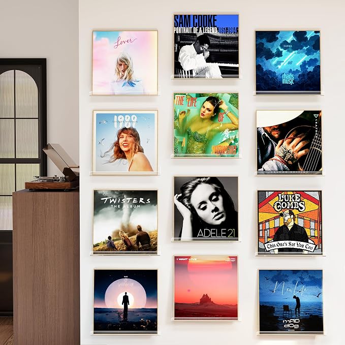 Laurensory Vinyl Record Wall Mount Shelves, 12 inch Vinyl Holder, 12 Pack | Clear Acrylic Floating Shelves for Album Record Storage Display, Wall Decor, Magazine Rack, Kids Bookshelf, Picture Ledge