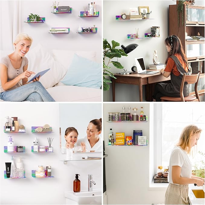 Sezanrpt 9 Inch Iridescent Wall Shelves, Acrylic Small Floating Shelf, Home Wall Display Shelf for Storage, Room Décor, Space Saving, Items Organizer, Bathroom Organizer, 4 Pack