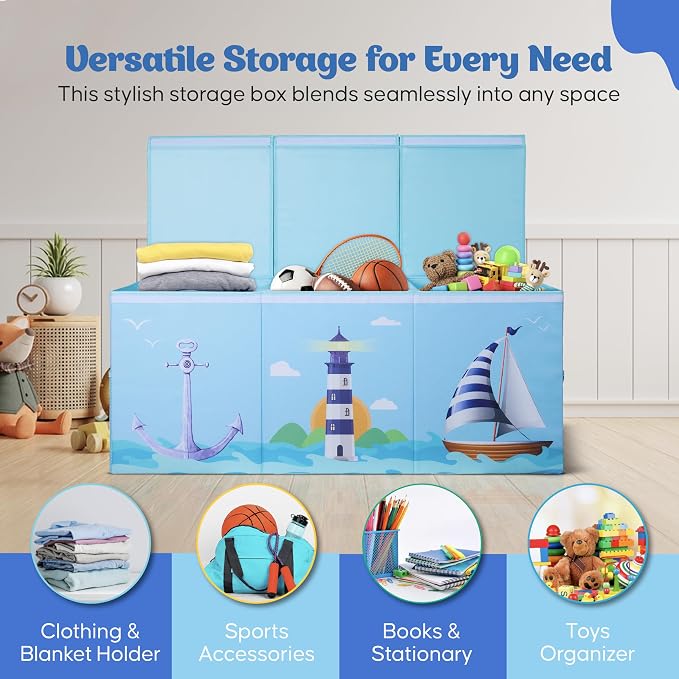 Extra Large Collapsible Sturdy Toy Storage Organizer with Lids, Ocean Theme Toy Box for Boys & Girls, 40"x16"x16", Modern, Blue