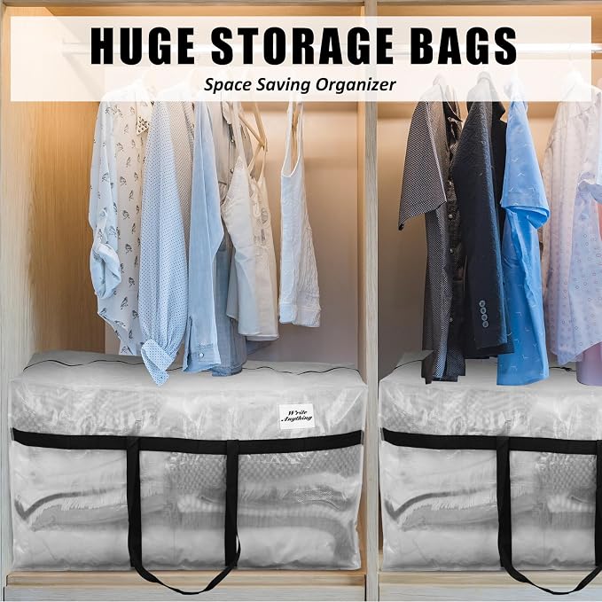 4 Pcs 96 Gallon Extra Large Moving Bags Heavy Duty Storage Bag with Strong Zipper Handle Foldable XXL Jumbo Storage Tote Packing Moving Box for College Dorm Travel Cloth Duffle (Clear)