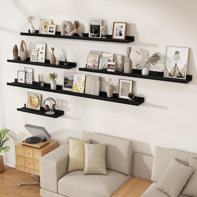 FLYJOE Floating Picture Ledge Shelves 36 Inch Solid Oak Wood Set of 2, Rustic Wall Storage Shelves with Lip, Kids Bookshelf, Photo & Picture Ledge Shelves for Bedroom, Living Room, Kitchen