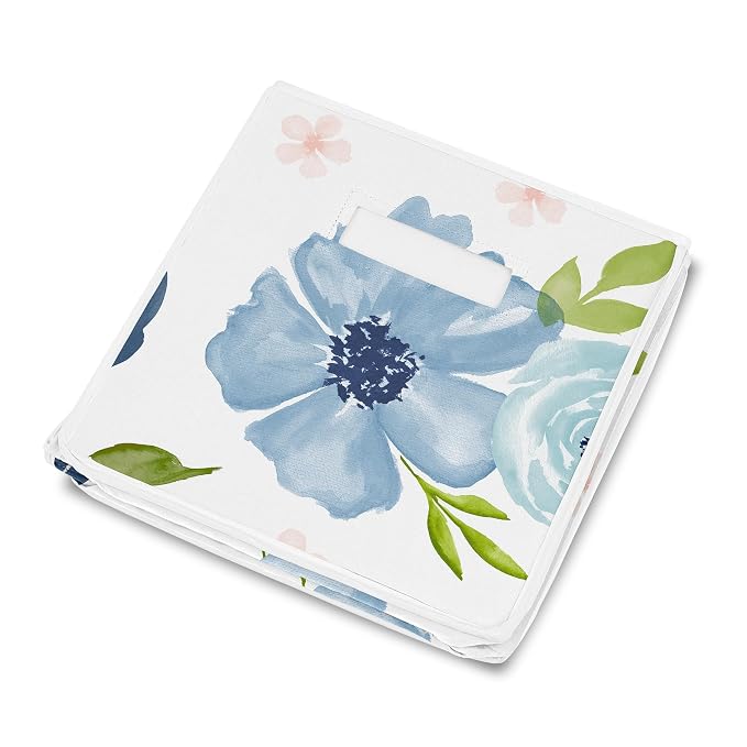 Sweet Jojo Designs Navy Blue Watercolor Floral Girl Small Fabric Toy Bin Storage Box Chest For Baby Nursery or Kids Room - Blush Pink, Green and White Shabby Chic Rose Flower