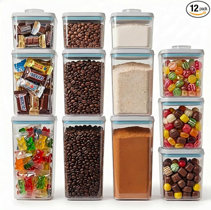 12 Pcs Pop Airtight Food Storage Containers with Lids Stackable Containers for Kitchen Pantry Organization Ideal for Cereal Snacks Flour Sugar Coffee and Spaghetti, 3.4Qt, 2.8Qt, 2.1Qt, 1.2Qt