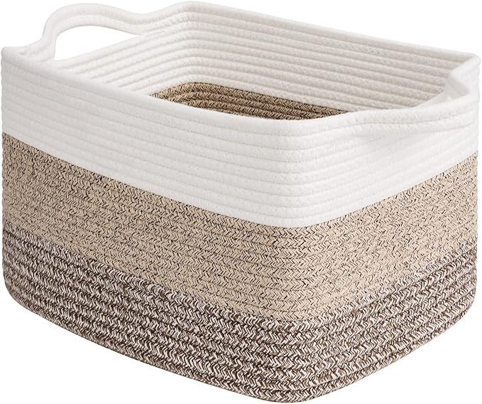 Goodpick Woven Storage Basket, 13"x10"x9" Cotton Rope Organizer for Dog Toys, Books, Stylish Gift Basket with Handles, Small Laundry Baskets for Shelves, Gradient Brown