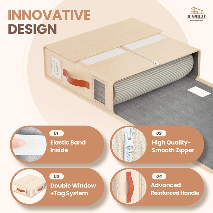 4 Pack Bed Sheet Organizers and Storage(King &Queen Size) with an Elastic Strap, Foldable Closet Linen Sheet Storage Container, Sheet Set Box for Blankets, Duvet Cover and Pillowcase, Beige