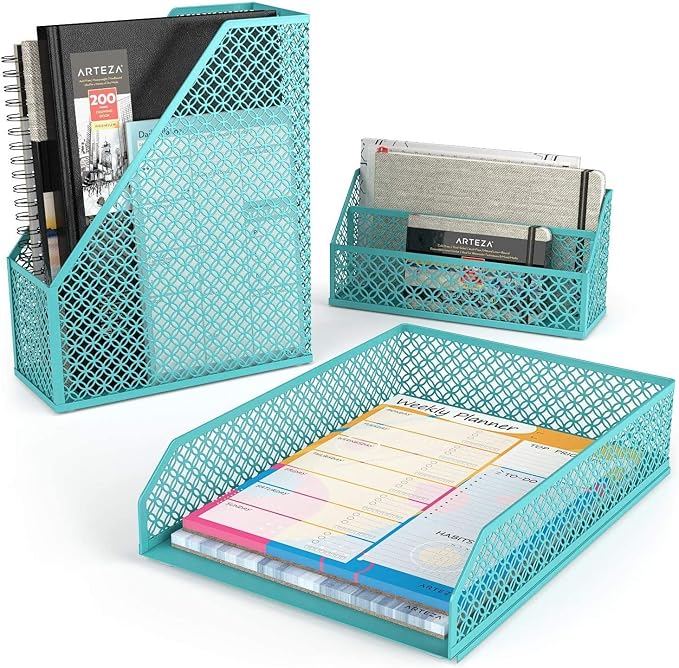 ARTEZA 6-Piece Teal Desk Accessories Set, Essential Desktop Organizer for Home Office, Includes Paper Organizer, Pencil Holder, Letter Sorter & More, Teal Office Supplies