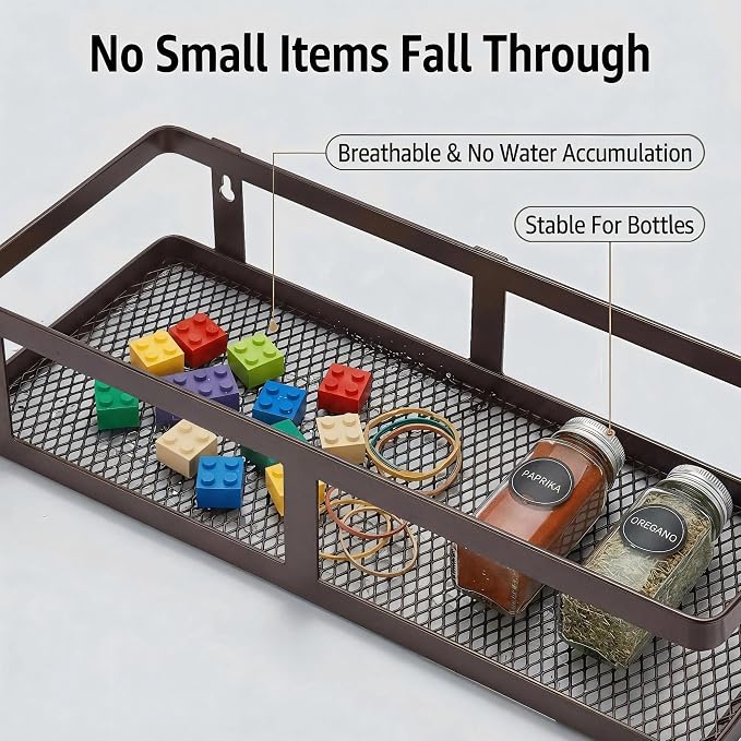 PUSDON 2-Pack Minimalist Shower Caddy Wall Mount, Open Frame Bathroom Shelf Organizer with Mesh Base, Rustproof Floating Spice Rack for Kitchen, Holds 50 LBS, 4 Hooks - Vintage Bronze, Guardrail