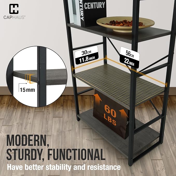 CAPHAUS 4 Tier Bookshelf, 24 Inch Width Free Standing Shelf, Bookcase Shelf Storage Organizer, Industrial Book Shelves for Home Office, Living Room, Kitchen, Dark Grey Vintage Shelves & Metal Frame