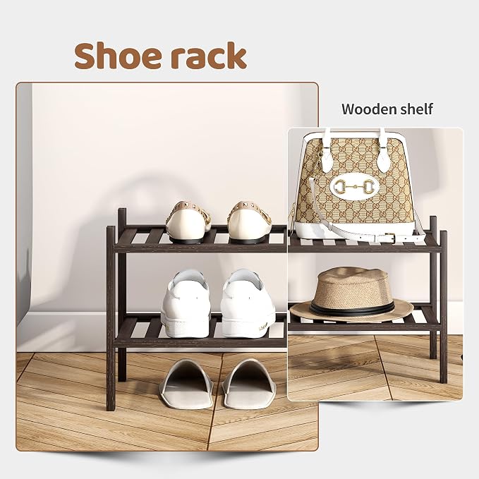 Bamboo Shoe Rack Stackable Shoe Shelf Storage Organizer for Unit Entryway Hallway and Closet Sturdy Freestanding Shoe Shelf(2 Tier Brown)