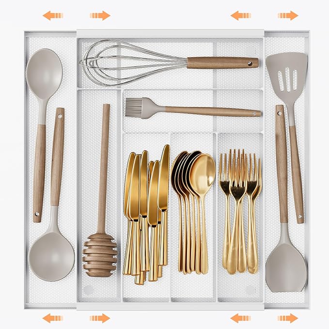 Sedegn Expandable Kitchen Utensil Organizer - 11.6" to 20" Adjustable Cutlery Tray with 6-8 Compartments - Fits Various Drawer Sizes & Holds Large Ladles Spatulas Forks Spoons & Knives White