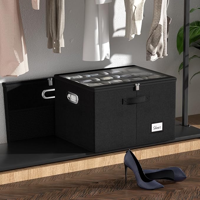 Shoe Organizer for Closet, Large Shoe Box Storage Containers with Clear Window, Space Saving Shoe Bin with Foldable Bottom Support Adjustable Dividers - Fits 16 Pairs (Black, (19.7*15.7*13)x1)