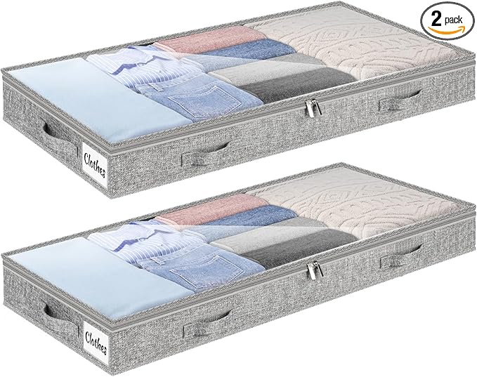 4 Inch Low Profile Under Bed Storage Drawer 2 Pack, Lightweight Underbed Clothes Storage Container Bins With NO STURCTURE, Shallow Storage Bag for Dorm & Home, With Clear Lids & Water-Resistant Fabric