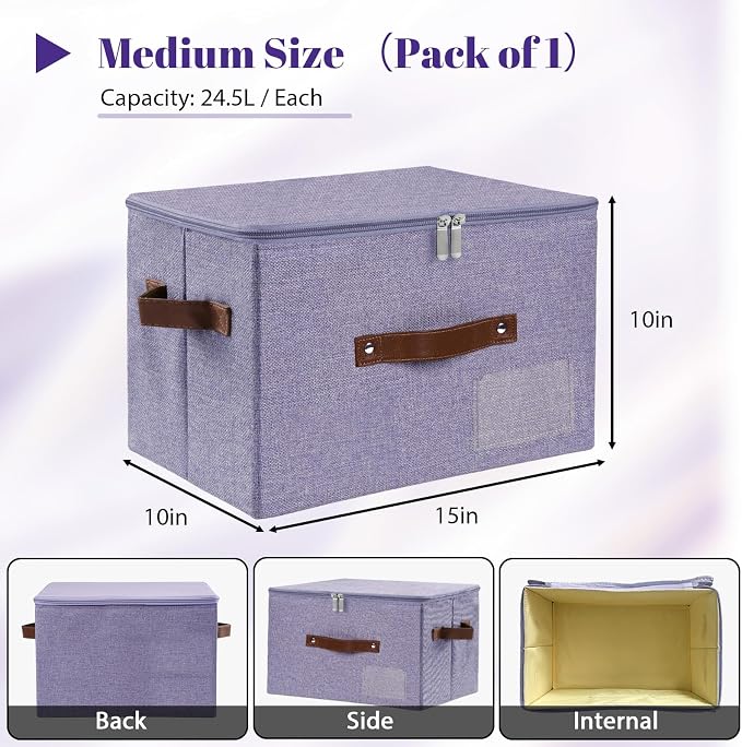 ANMINY 3PCS Storage Bins with Zipper Lid Storage Boxes with Label Holder PU Leather Handles Washable Foldable Decorative Lidded Cotton Linen Fabric Cubes Baskets Closet Organizer - Purple, Medium