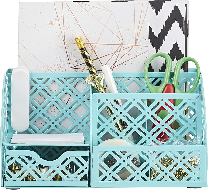 Exerz Desk Organizer Turquoise Office Desk Accessories Supplies Office Storage Desktop Pencil Pen Holder with Drawer Home Workspace