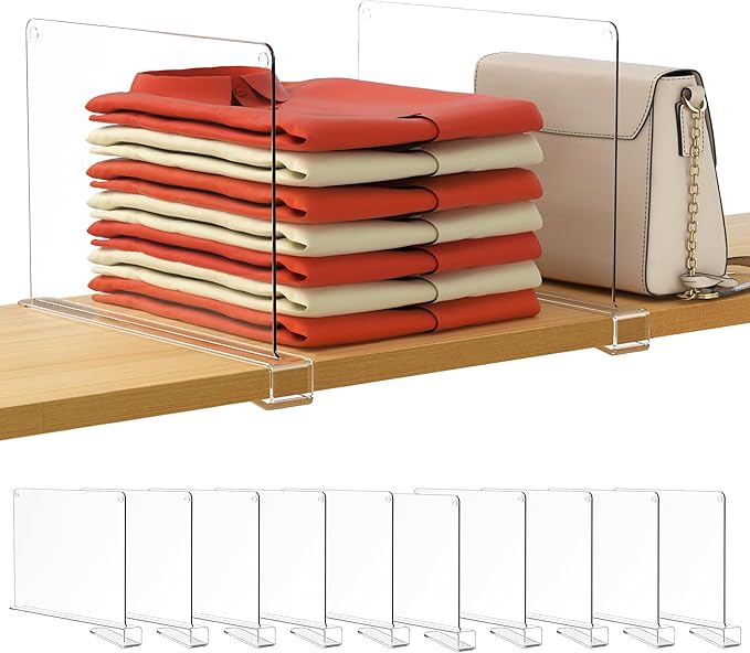 HBlife 10 Pack Clear Shelf Dividers, Vertical Purse Organizer for Closet Perfect for Sweater, Shirts, Handbags in Bedroom and Kitchen, Adjustable Acrylic Bookshelf for Organization